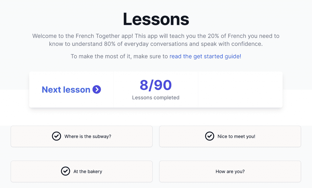 List of lessons in French Together app