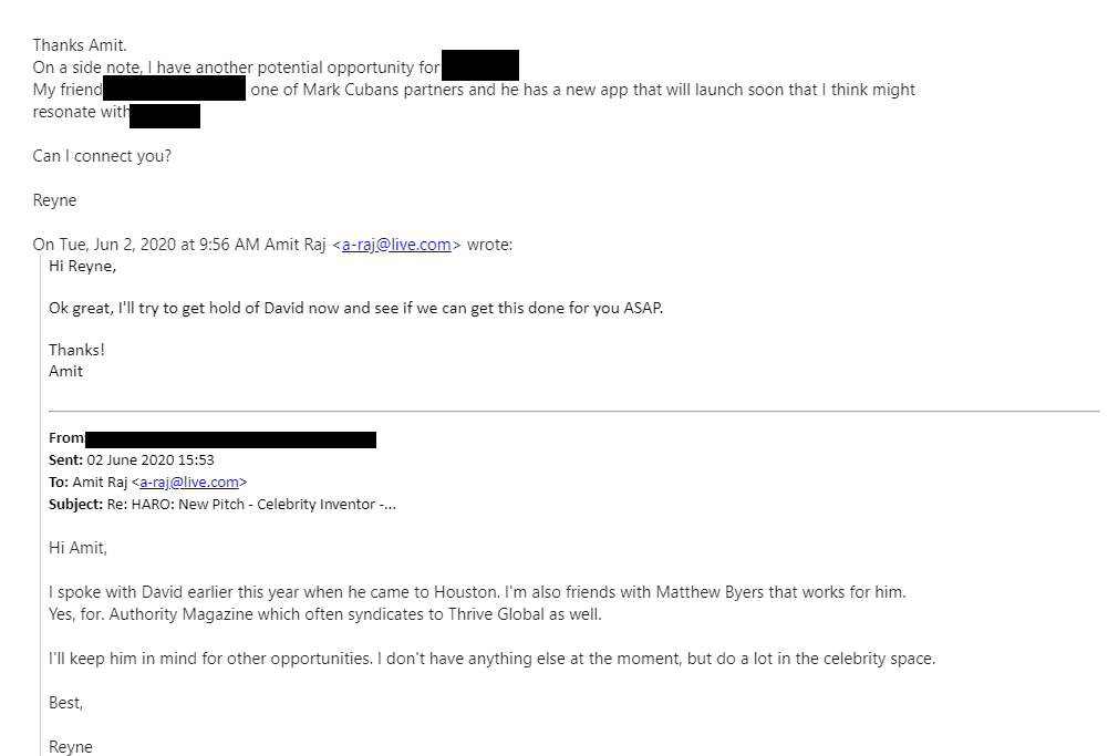 email showing connection to Mark Cuban made after pitching on HARO