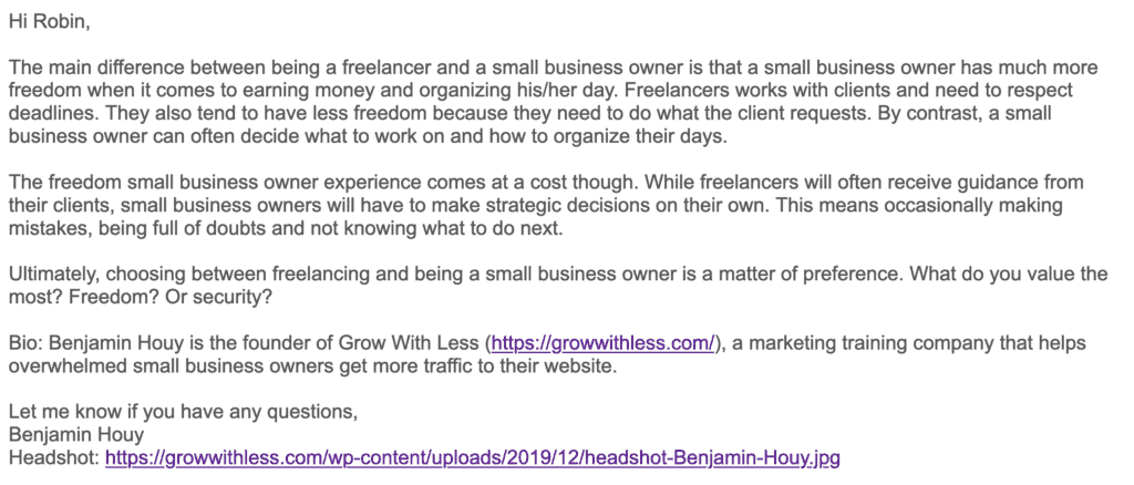 HARO pitch for Business Insider article about freelancing