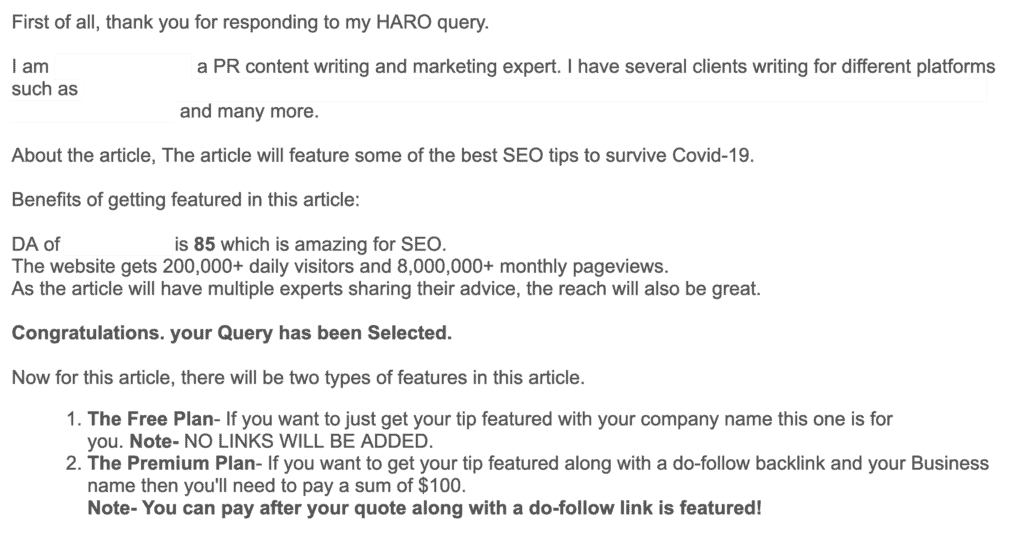 email from HARO journalist asking to pay for backlink