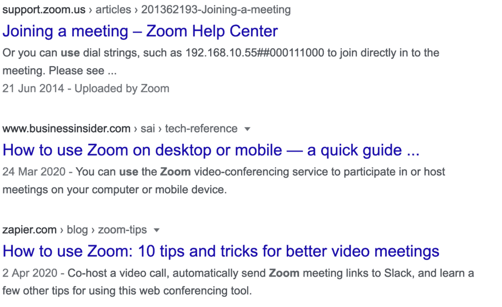 SERPs for &ldquo;how to use zoom&rdquo; keyword