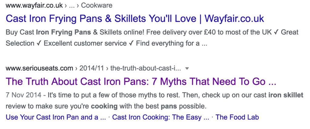 SERPs for &ldquo;wrought iron pans&rdquo;