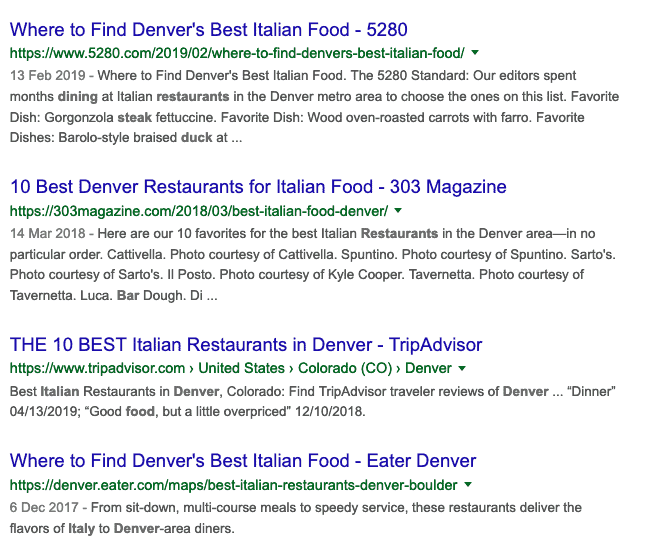 Italian food Denver SEO titles